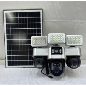 Colored Night Vision with High Brightness Solar Flood Light for outdoor protection with Two In One V380 Pro 12MP 4G Sim card PTZ Rotating Multiple Lens screens Outdoor Security Solar CCTV Camera