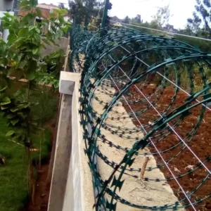 Wall Top Electric fence installation With Double Galvanized Green Razor Wire on 50 by 100 plot